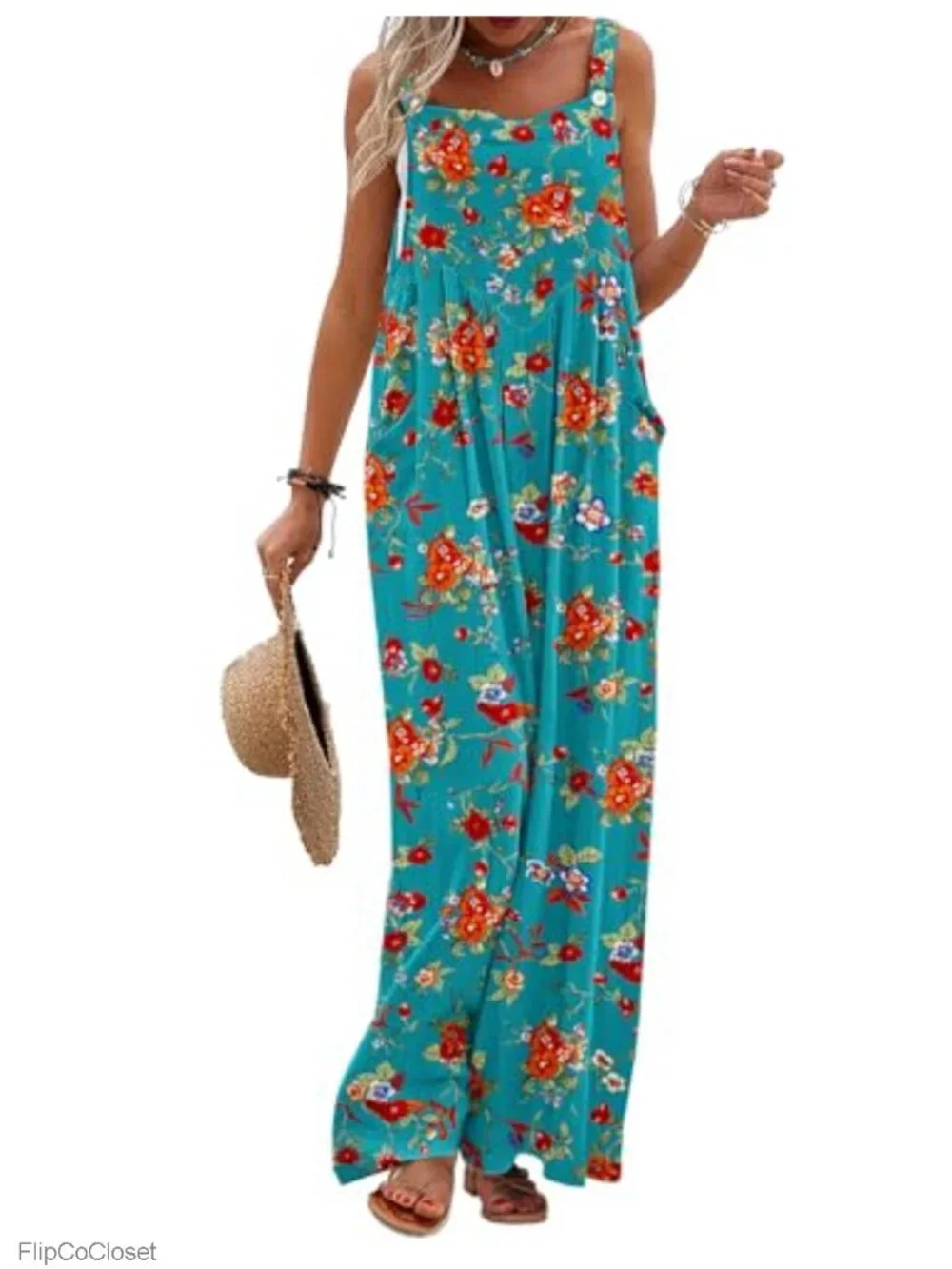 Women's Casual Wide Leg Overall Jumpsuit with Pockets Boho Floral Cotton Romper